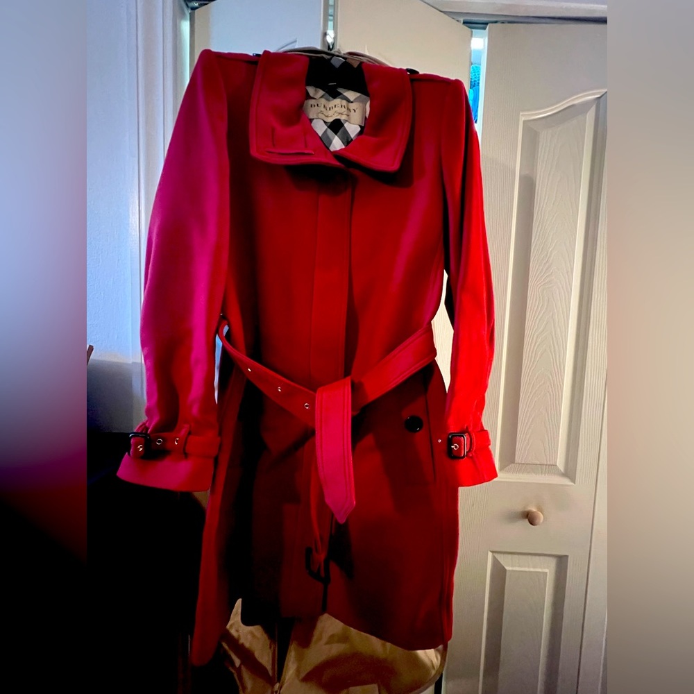 Burberry Red Belted Wool Trench Coat
